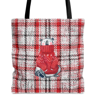 Cozy Winter Polar Bear in Sweater Large Tote Bag: Grey & Red Plaid Festive Design - Eddy and Rita