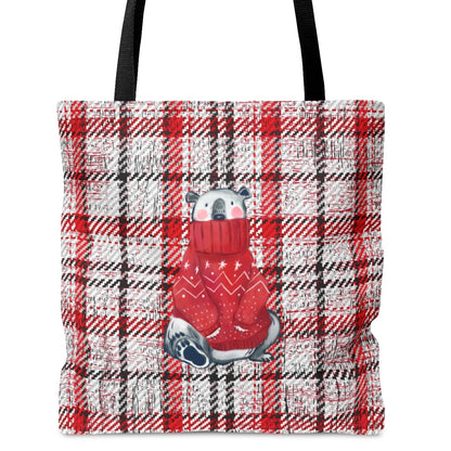 Cozy Winter Polar Bear in Sweater Large Tote Bag: Grey & Red Plaid Festive Design - Eddy and Rita