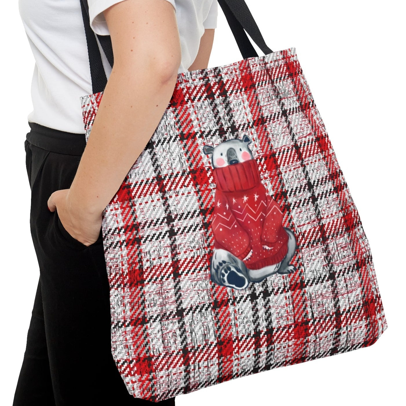 Cozy Winter Polar Bear in Sweater Large Tote Bag: Grey & Red Plaid Festive Design - Eddy and Rita