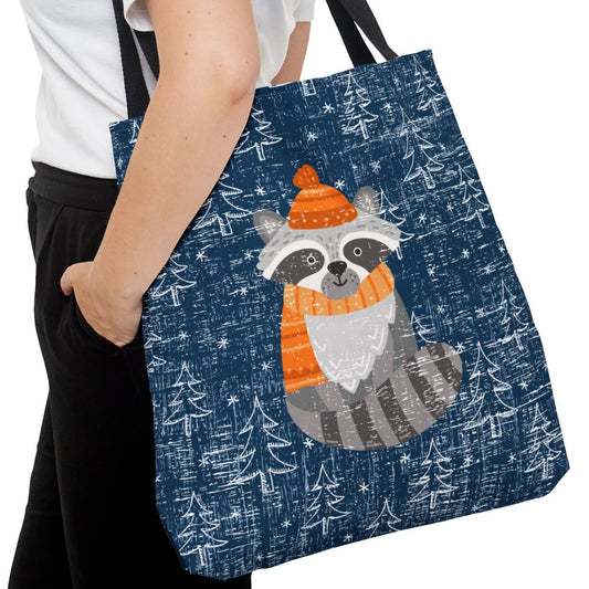 Cozy Winter Raccoon Large Tote: Festive Christmas Raccoon on Blue Background - Eddy and Rita