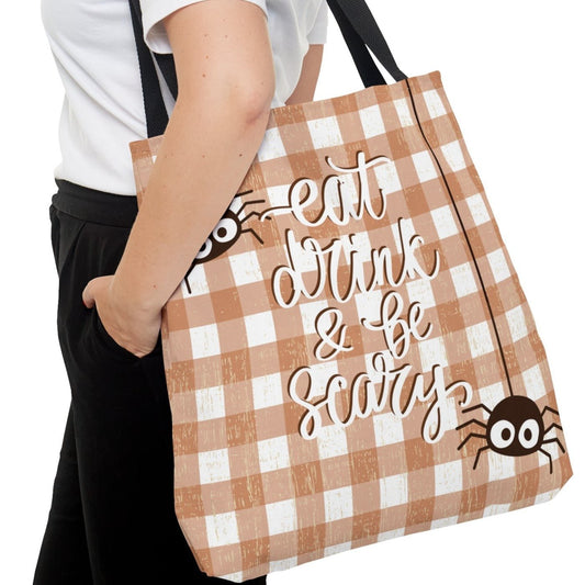 Eat, Drink, and Be Scary Large Tote - Halloween Spider Checkered Bag - Eddy and Rita