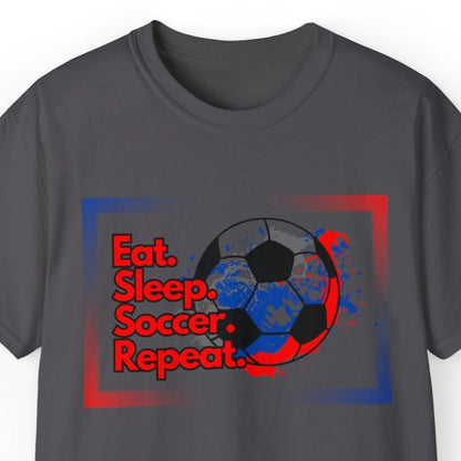 Eat Sleep Soccer Repeat Men's Tee - Soccer Ball Graphic T-Shirt for Enthusiasts - Eddy and Rita