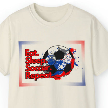 Eat Sleep Soccer Repeat Men's Tee - Soccer Ball Graphic T-Shirt for Enthusiasts - Eddy and Rita