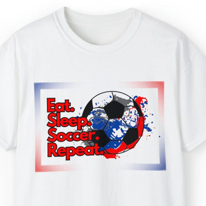 Eat Sleep Soccer Repeat Men's Tee - Soccer Ball Graphic T-Shirt for Enthusiasts - Eddy and Rita