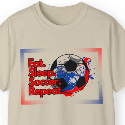 Eat Sleep Soccer Repeat Men's Tee - Soccer Ball Graphic T-Shirt for Enthusiasts - Eddy and Rita