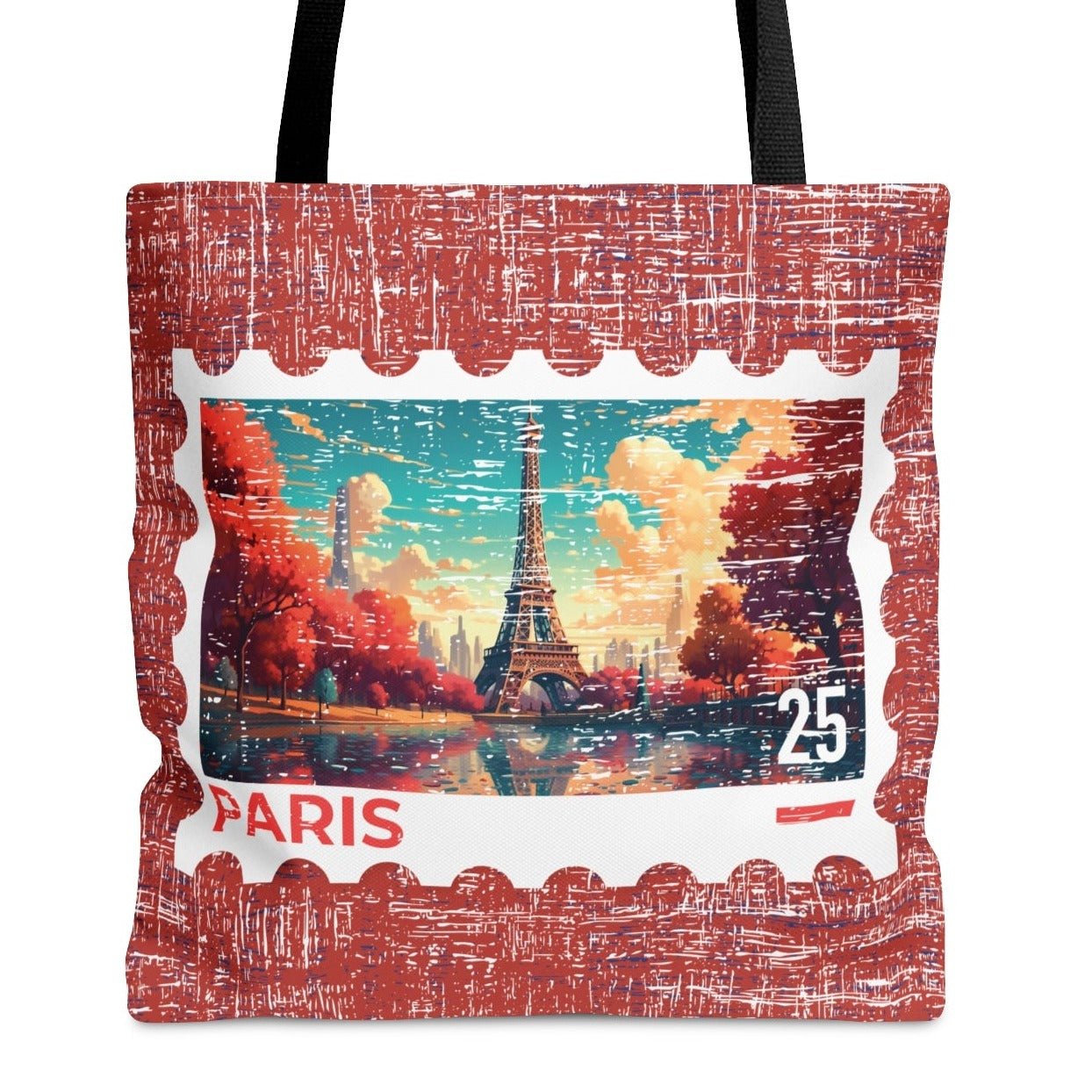 Fall Eiffel Tower Stamp Large Tote Bag - Parisian Autumn Postage Stamp on Burgundy - Eddy and Rita