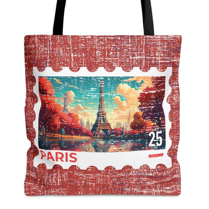 Fall Eiffel Tower Stamp Large Tote Bag - Parisian Autumn Postage Stamp on Burgundy - Eddy and Rita