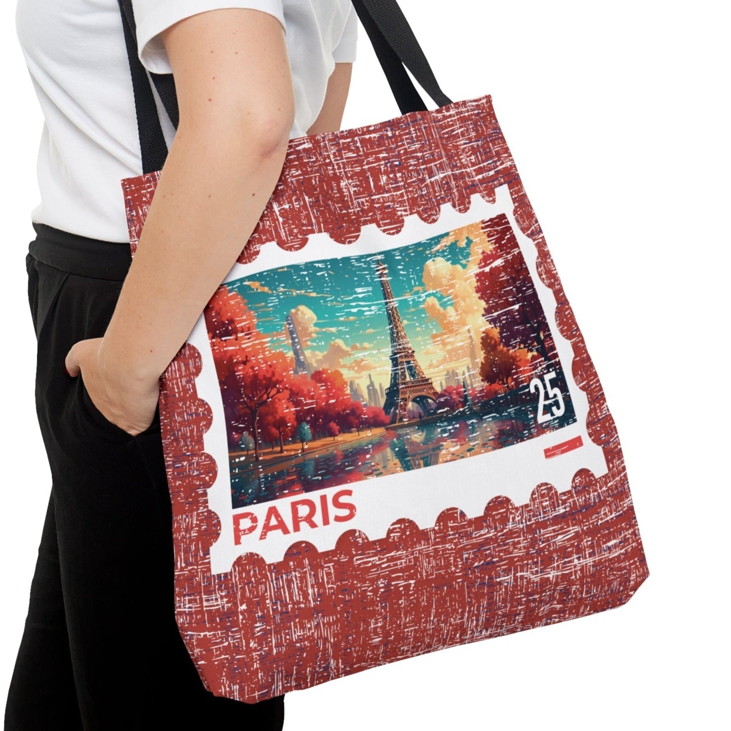 Fall Eiffel Tower Stamp Large Tote Bag - Parisian Autumn Postage Stamp on Burgundy - Eddy and Rita