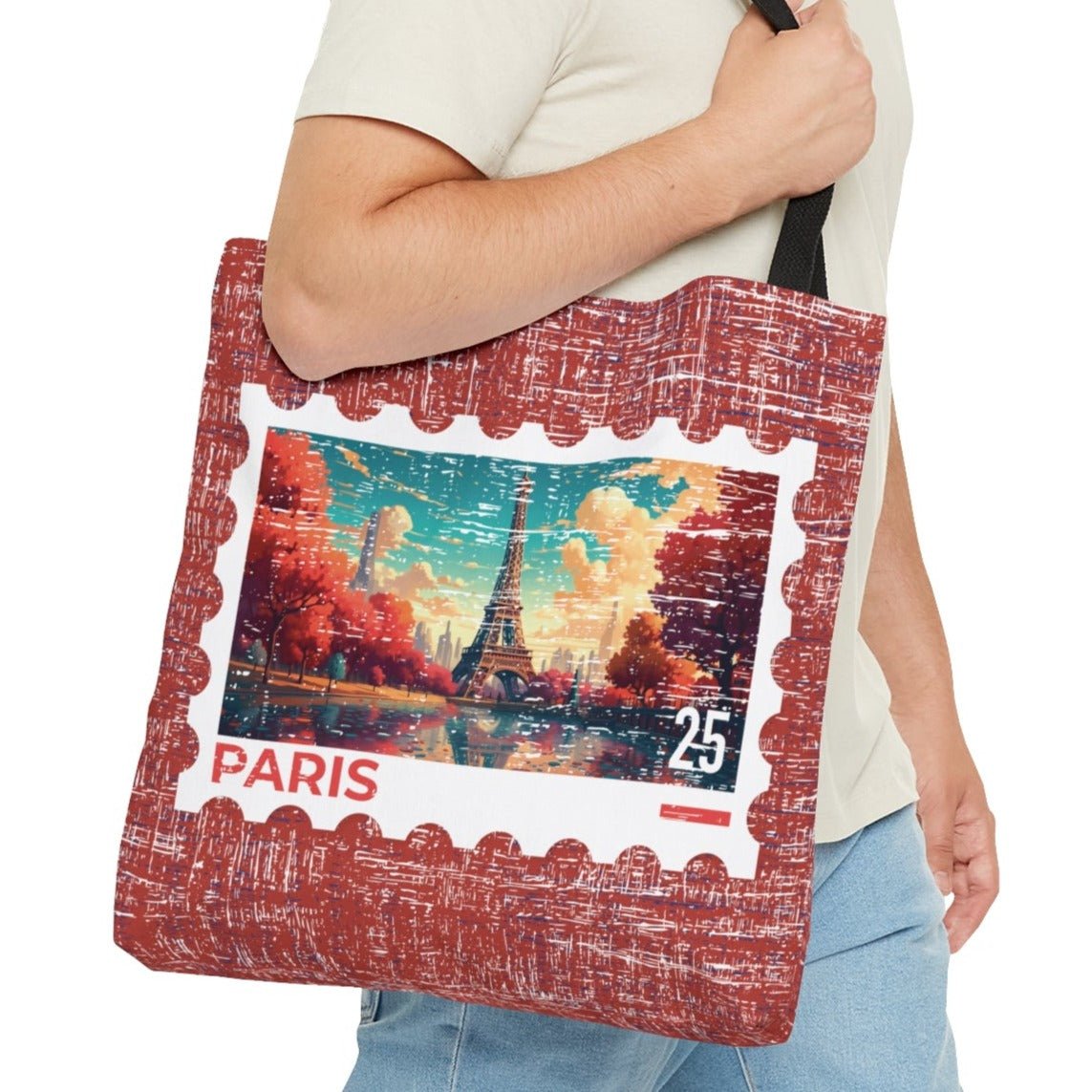 Fall Eiffel Tower Stamp Large Tote Bag - Parisian Autumn Postage Stamp on Burgundy - Eddy and Rita