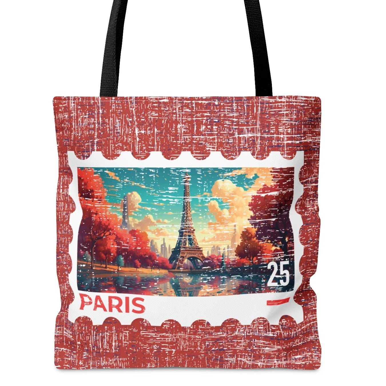 Fall Eiffel Tower Stamp Large Tote Bag - Parisian Autumn Postage Stamp on Burgundy - Eddy and Rita