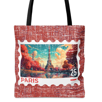 Fall Eiffel Tower Stamp Large Tote Bag - Parisian Autumn Postage Stamp on Burgundy - Eddy and Rita