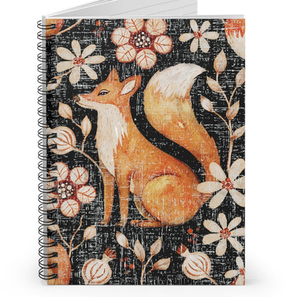 Fall Fox on Floral and Black Spiral Notebook - Ruled Line: Autumn Wildlife Design - Eddy and Rita