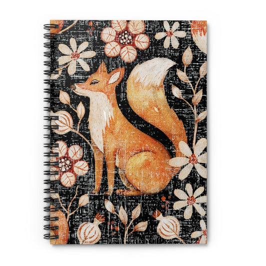 Fall Fox on Floral and Black Spiral Notebook - Ruled Line: Autumn Wildlife Design - Eddy and Rita