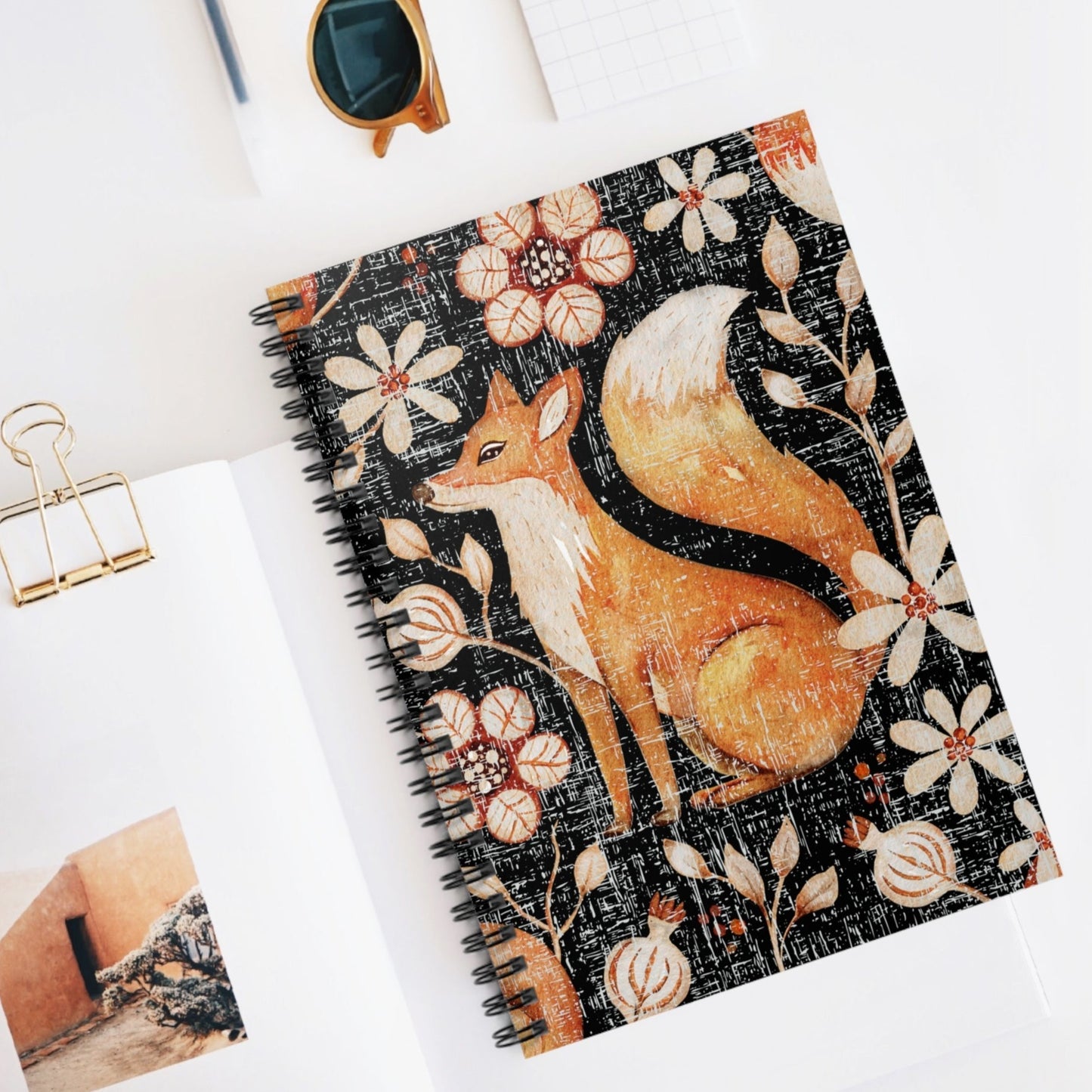 Fall Fox on Floral and Black Spiral Notebook - Ruled Line: Autumn Wildlife Design - Eddy and Rita