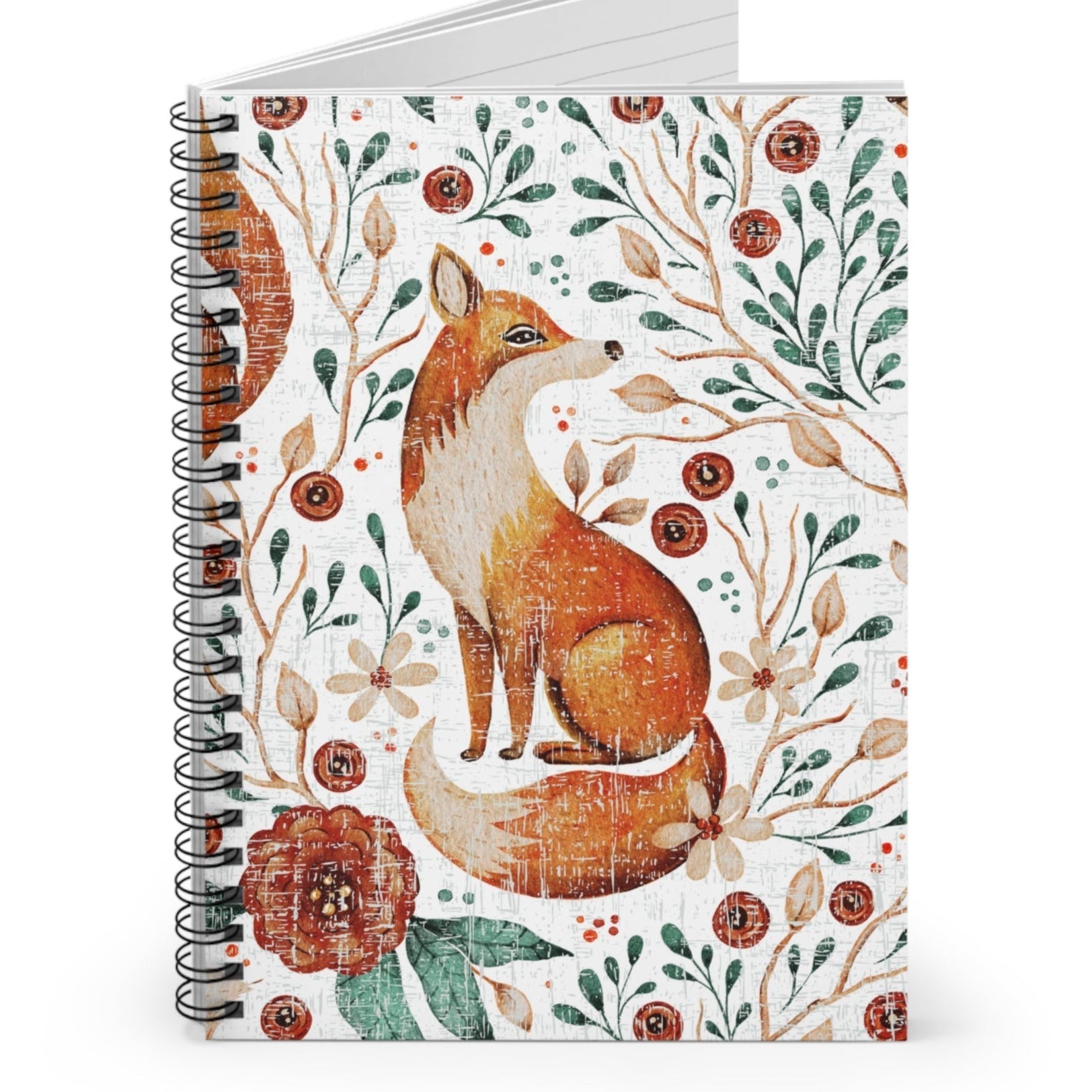 Fall Fox on White Botanical Background Spiral Notebook - Ruled Line: Autumn Wildlife Design - Eddy and Rita