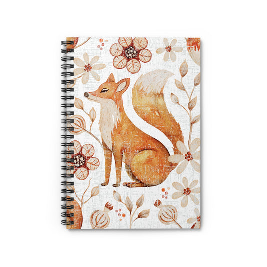 Fall Fox with White Floral Background Spiral Notebook - Ruled Line: Autumn Wildlife Design - Eddy and Rita