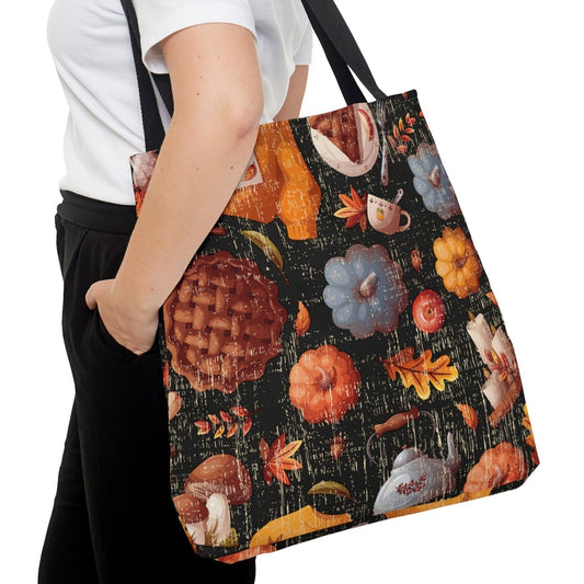 Fall Pumpkins and Pies on Black Background Large Tote Bag - Festive Autumn-Inspired Accessory - Eddy and Rita