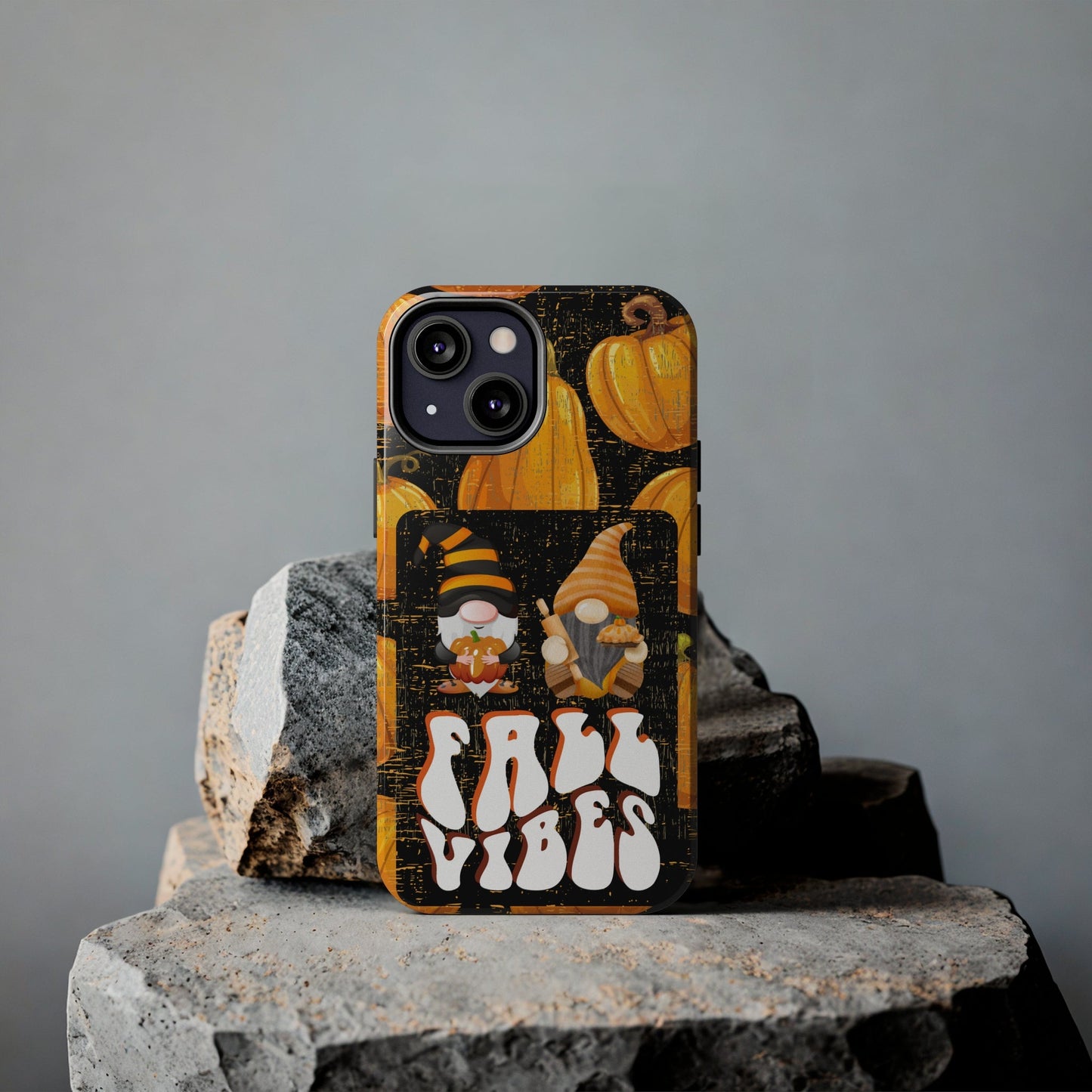 Fall Vibes Gnomes iPhone Case: Cozy Autumn Duo on Pumpkin Background - Eddy and Rita