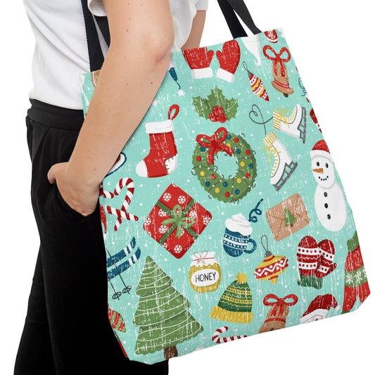 Festive Christmas Items on Light Teal Large Tote Bag - Holiday Cheer Accessory - Eddy and Rita