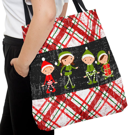 Festive Four Elves on Plaid Large Tote Bag: Holiday Shopping and Carrying Accessory - Eddy and Rita