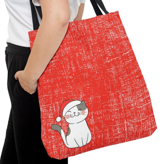 Festive Santa Cat Large Tote Bag: Holiday Feline on Red Canvas - Eddy and Rita