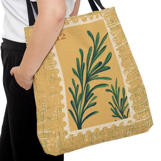 Golden Botanical Stamp Large Tote Bag - Elegant Floral Design on Golden Background - Eddy and Rita