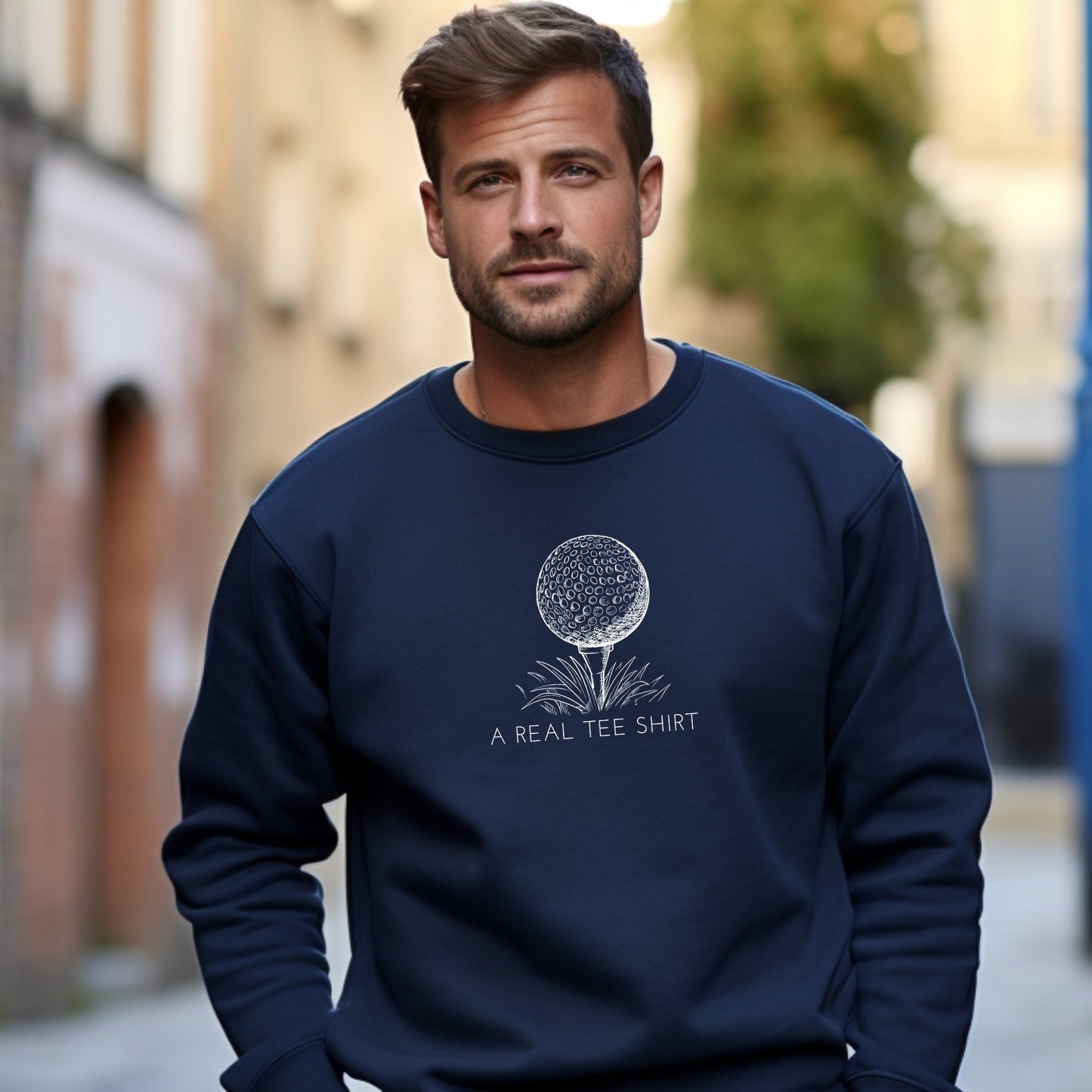 Golf Enthusiast Men's Sweatshirt: 'A Real Tee Shirt' with Golf Ball Design - Eddy and Rita