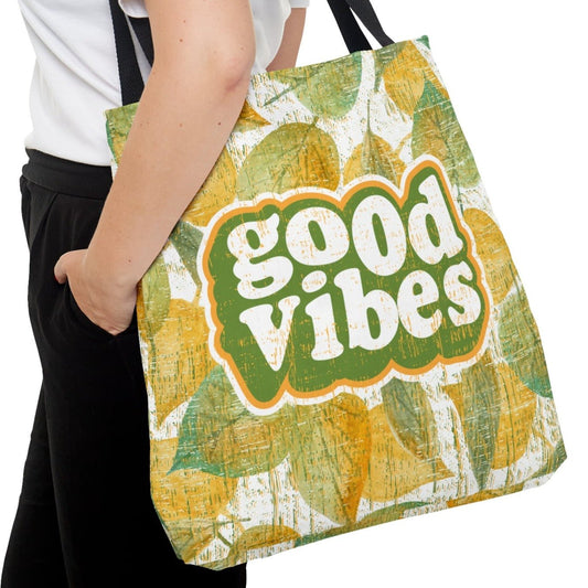 Good Vibes Retro Font Large Tote Bag: Pretty Yellow and Green Leaves Design - Eddy and Rita