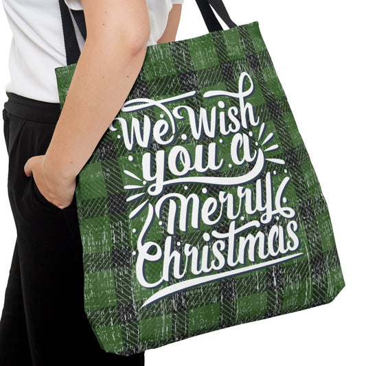 Green and Black Merry Christmas Large Tote Bag: Festive Holiday Carryall - Eddy and Rita