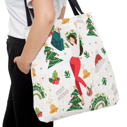 Happy Christmas Shopper on Christmas Print Large Tote Bag - Festive Holiday Accessory - Eddy and Rita