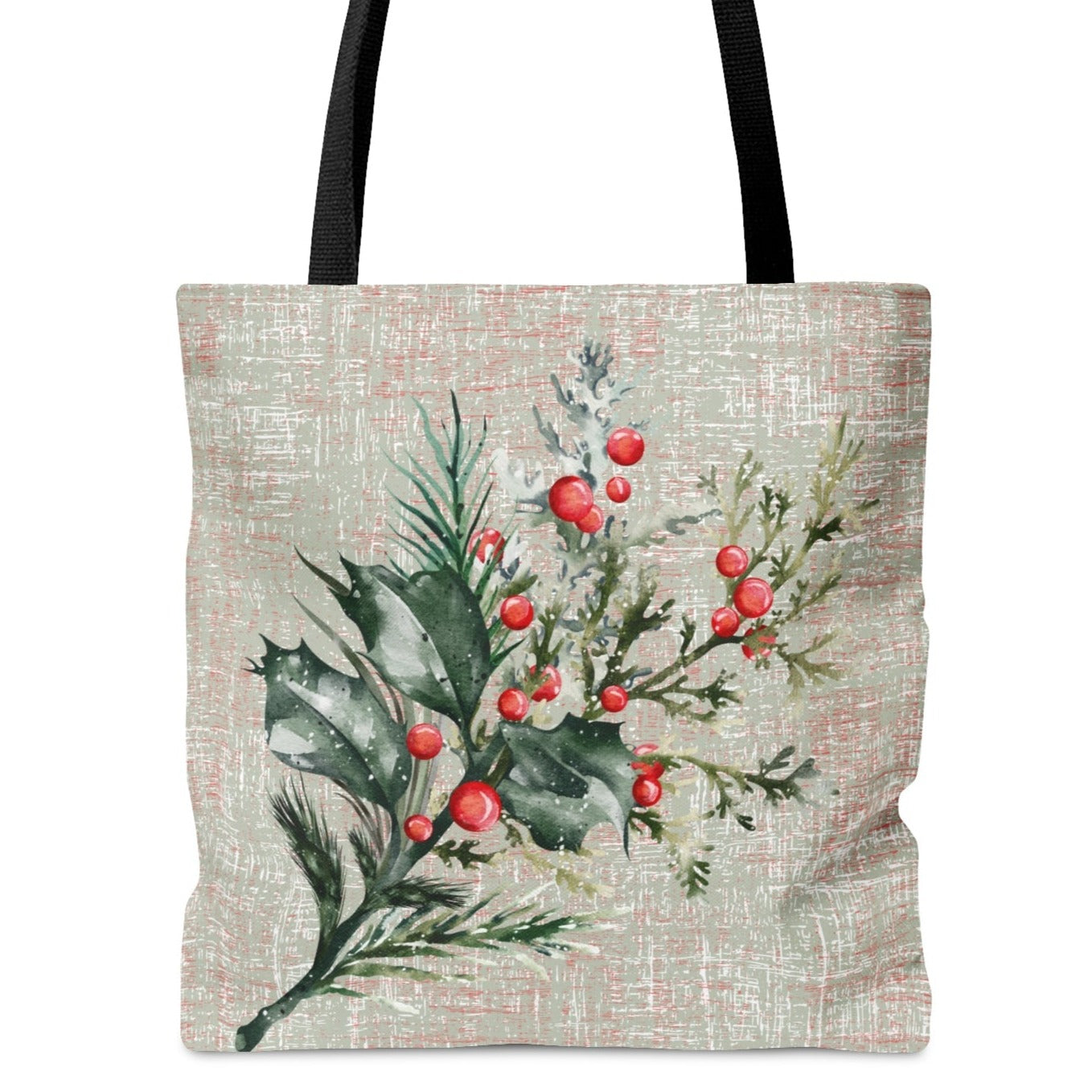 Holly Branch on Elegant Grey Large Tote Bag: Festive Botanical Carryall - Eddy and Rita