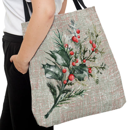 Holly Branch on Elegant Grey Large Tote Bag: Festive Botanical Carryall - Eddy and Rita