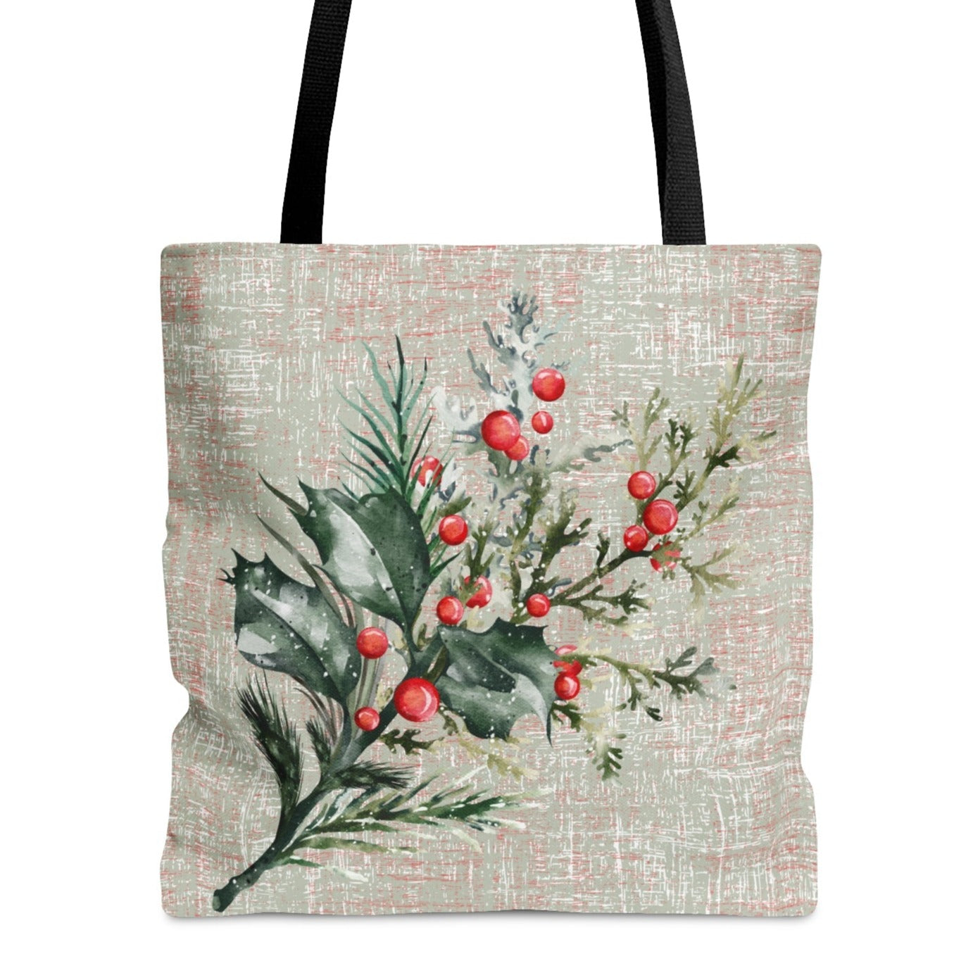 Holly Branch on Elegant Grey Large Tote Bag: Festive Botanical Carryall - Eddy and Rita