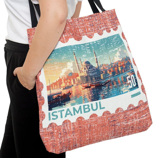 Istanbul Postage Stamp Large Tote Bag - Turkish Cityscape Design on Elegant Rose Background - Eddy and Rita