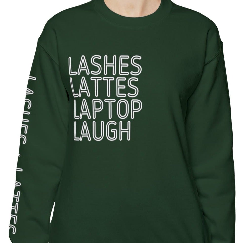 Lashes Lattes Laptop Laugh Women's Sweatshirt: Stylish Arm Detail & Lifestyle Statement - Eddy and Rita