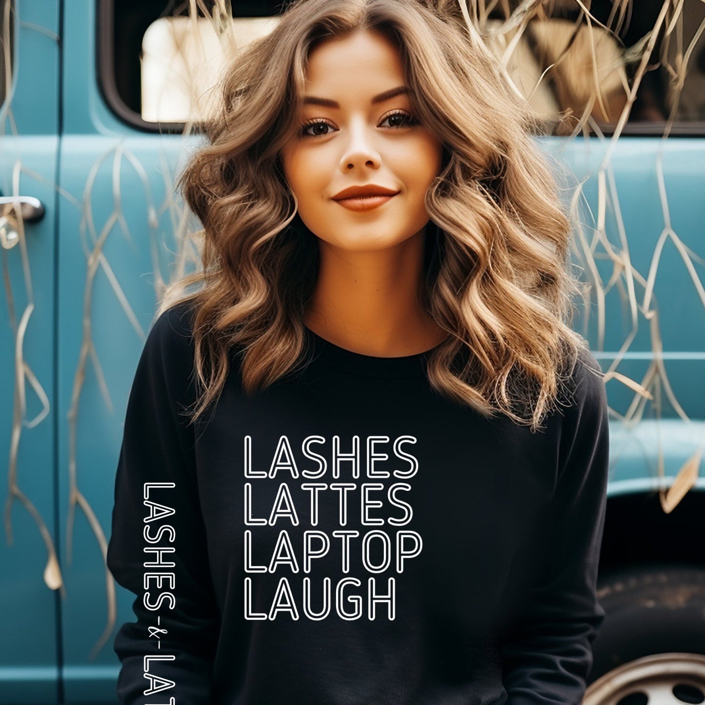 Lashes Lattes Laptop Laugh Women's Sweatshirt: Stylish Arm Detail & Lifestyle Statement - Eddy and Rita