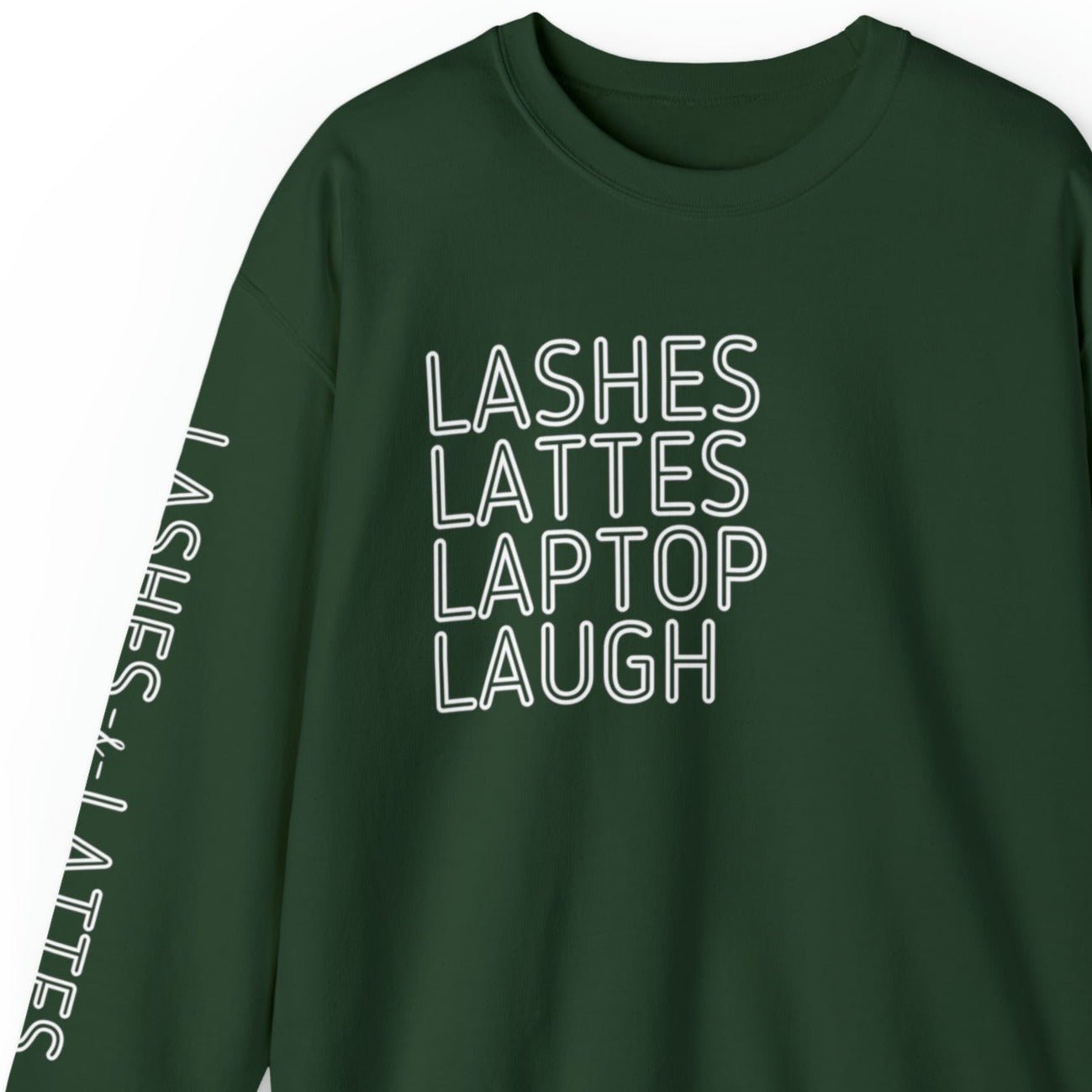 Lashes Lattes Laptop Laugh Women's Sweatshirt: Stylish Arm Detail & Lifestyle Statement - Eddy and Rita