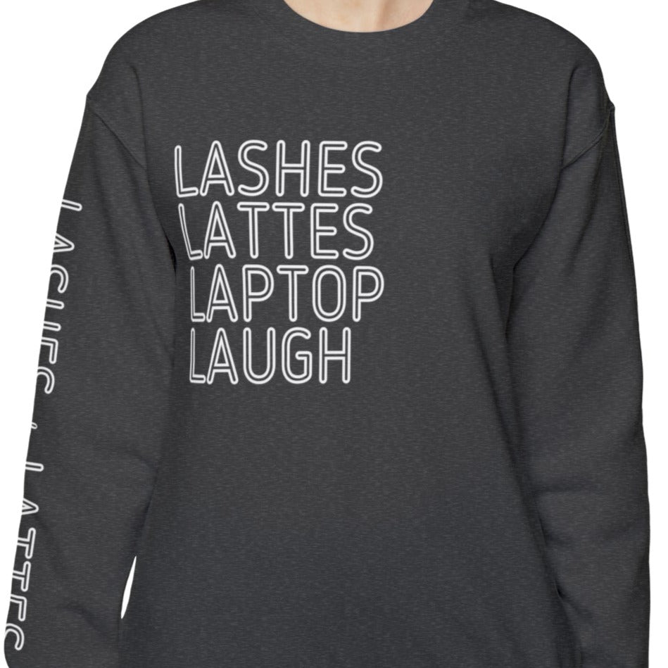 Lashes Lattes Laptop Laugh Women's Sweatshirt: Stylish Arm Detail & Lifestyle Statement - Eddy and Rita