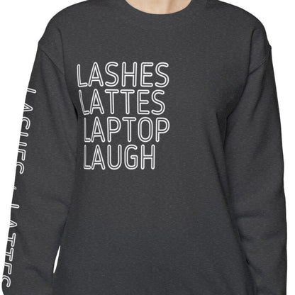 Lashes Lattes Laptop Laugh Women's Sweatshirt: Stylish Arm Detail & Lifestyle Statement - Eddy and Rita