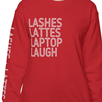 Lashes Lattes Laptop Laugh Women's Sweatshirt: Stylish Arm Detail & Lifestyle Statement - Eddy and Rita