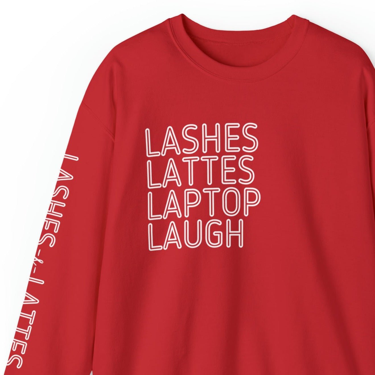 Lashes Lattes Laptop Laugh Women's Sweatshirt: Stylish Arm Detail & Lifestyle Statement - Eddy and Rita