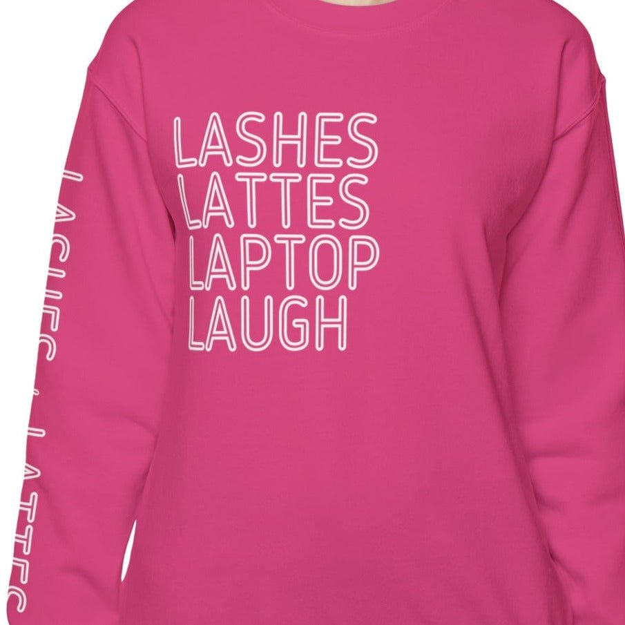 Lashes Lattes Laptop Laugh Women's Sweatshirt: Stylish Arm Detail & Lifestyle Statement - Eddy and Rita