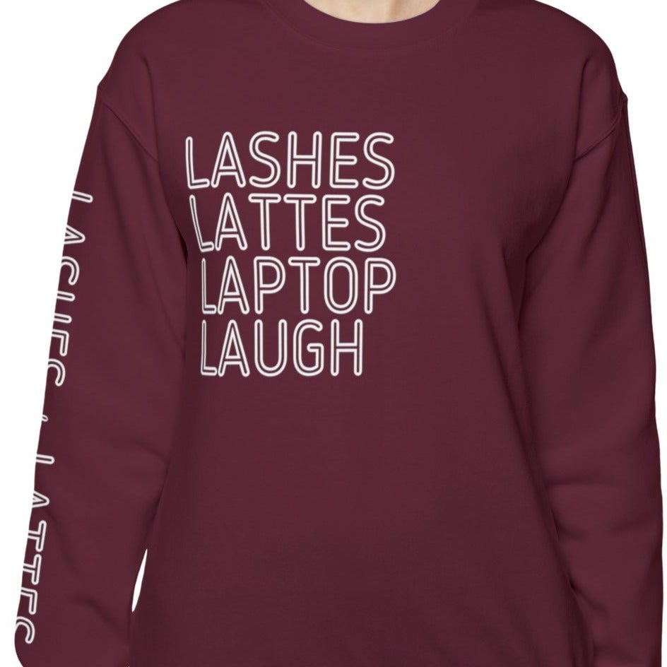 Lashes Lattes Laptop Laugh Women's Sweatshirt: Stylish Arm Detail & Lifestyle Statement - Eddy and Rita