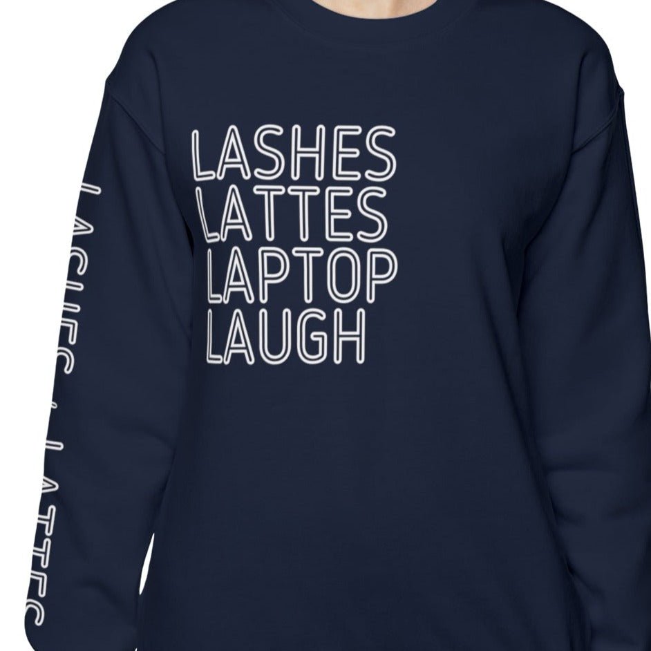 Lashes Lattes Laptop Laugh Women's Sweatshirt: Stylish Arm Detail & Lifestyle Statement - Eddy and Rita