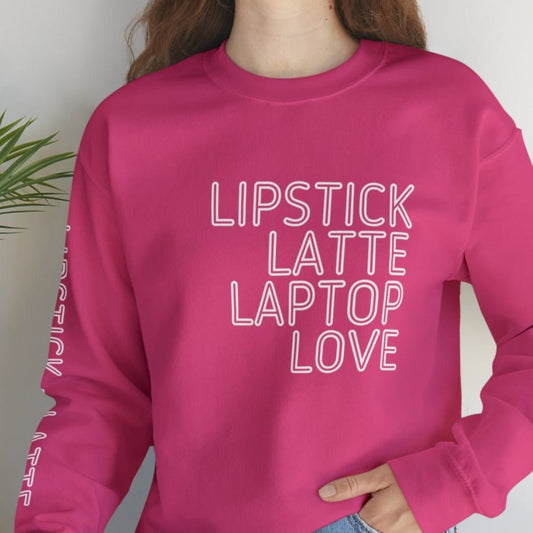 Lipstick Latte Laptop Love Women's Sweatshirt: Stylish Arm Detail & Modern Lifestyle - Eddy and Rita