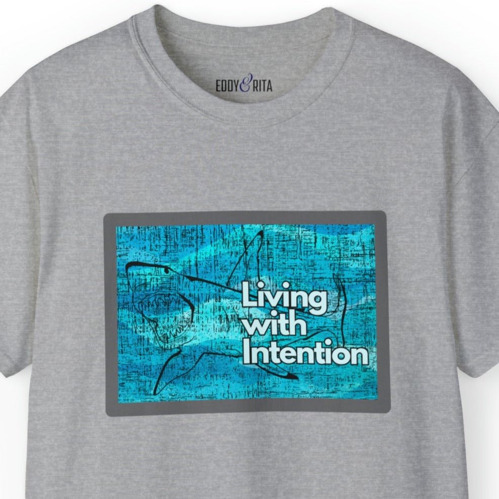 Living with Intention Shark Background Men's Tee - Purposeful and Inspirational Shirt - Eddy and Rita