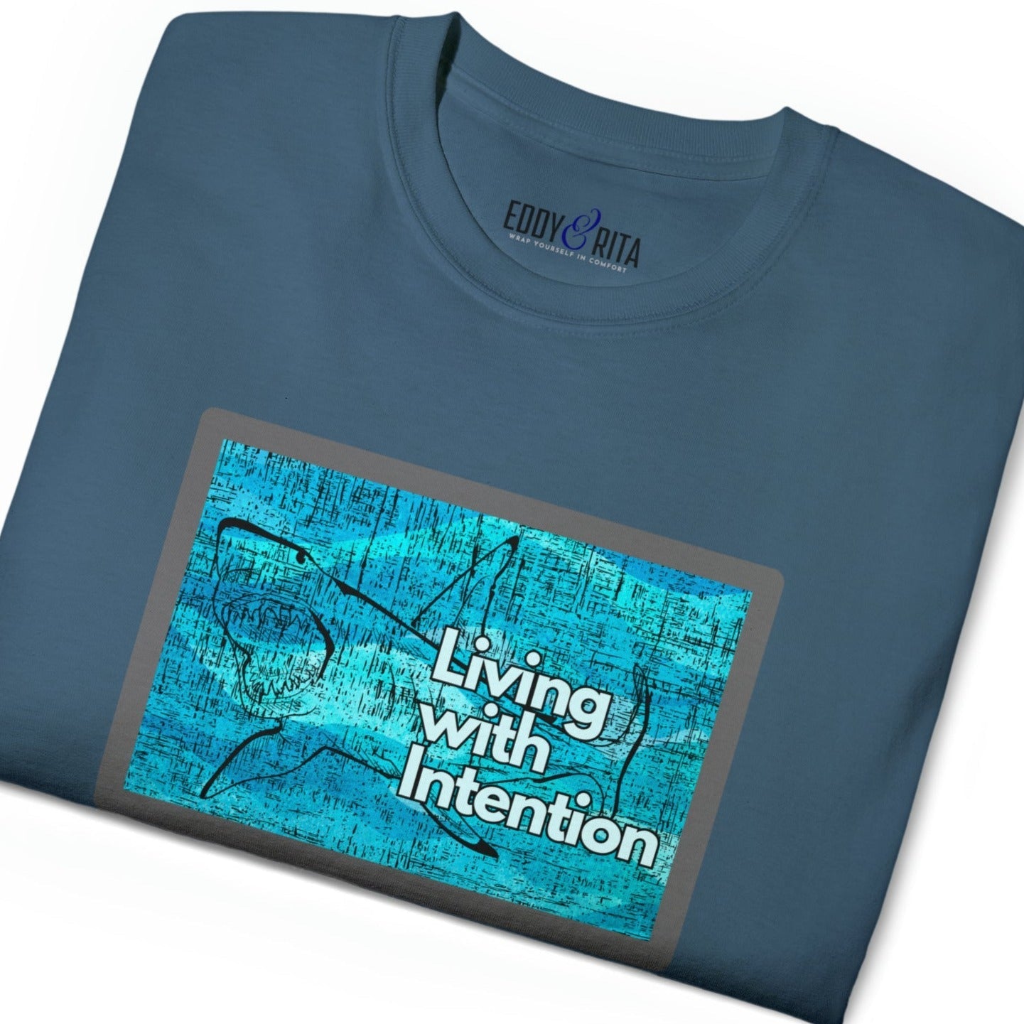 Living with Intention Shark Background Men's Tee - Purposeful and Inspirational Shirt - Eddy and Rita