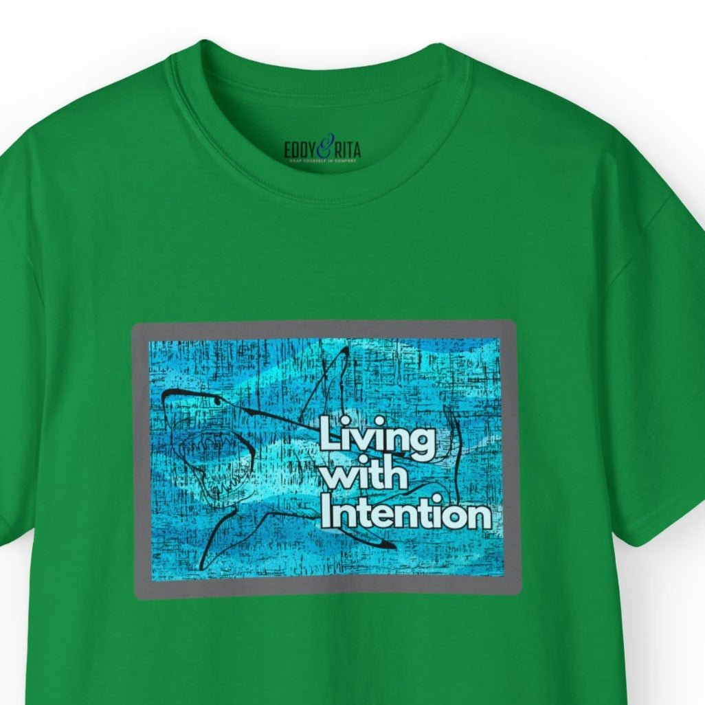 Living with Intention Shark Background Men's Tee - Purposeful and Inspirational Shirt - Eddy and Rita