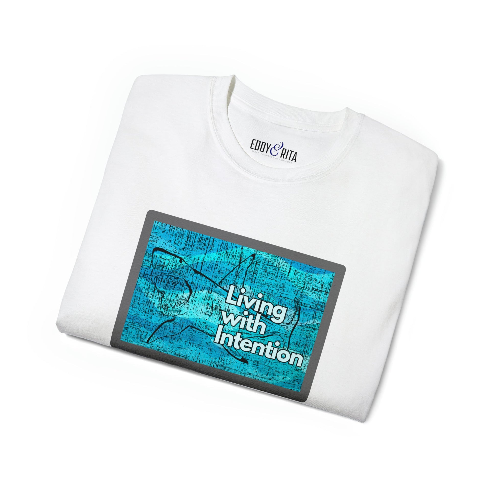 Living with Intention Shark Background Men's Tee - Purposeful and Inspirational Shirt - Eddy and Rita