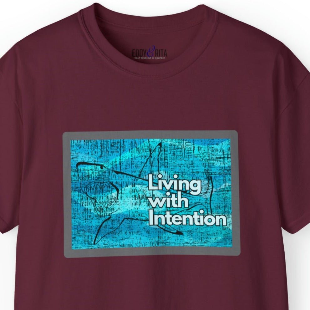 Living with Intention Shark Background Men's Tee - Purposeful and Inspirational Shirt - Eddy and Rita